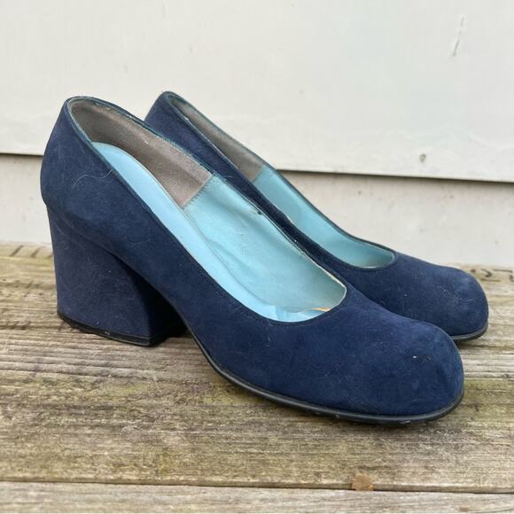 Vintage 60s Qualicraft navy blue suede velvet mod chunk heel round toe shoes - Picture 1 of 9